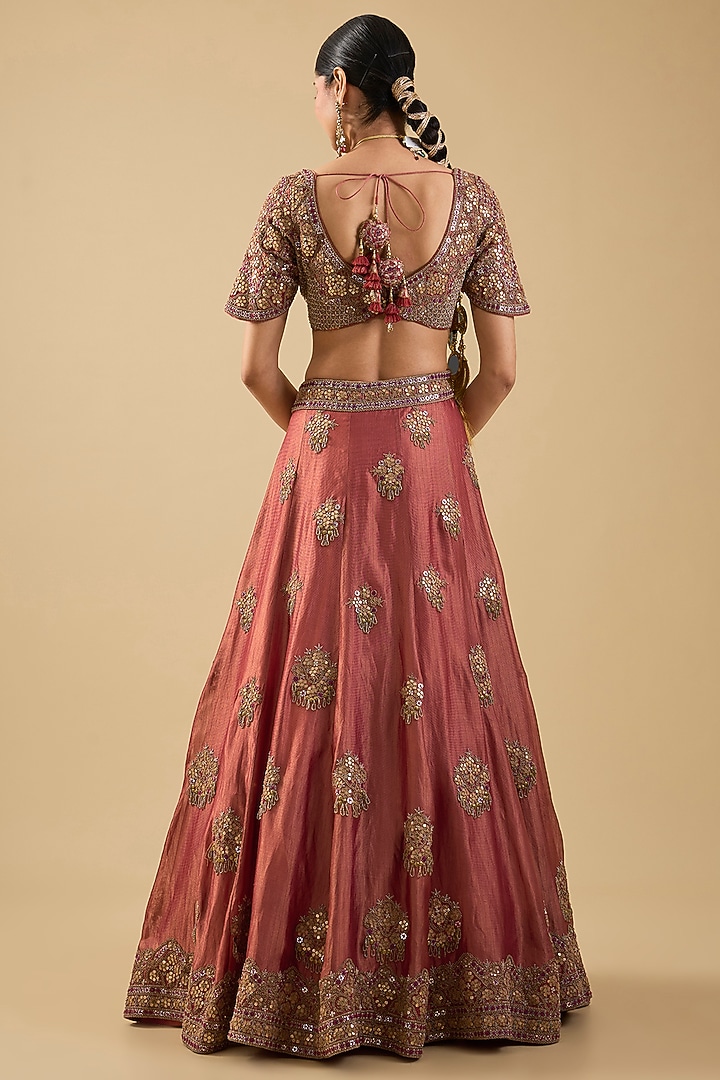 Rust Handloom Silk Mirror Embroidered Bridal Lehenga Set by Jaya Rathore at Pernia's Pop Up Shop
