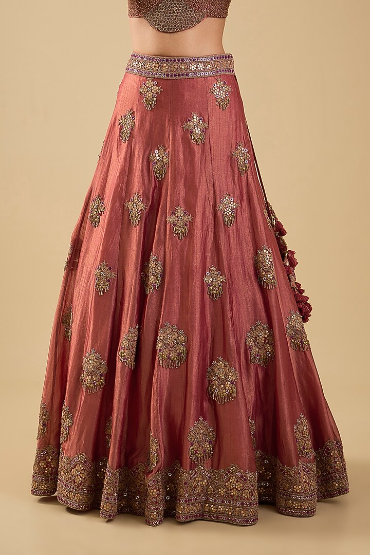 Rust Handloom Silk Mirror Embroidered Bridal Lehenga Set by Jaya Rathore at Pernia's Pop Up Shop