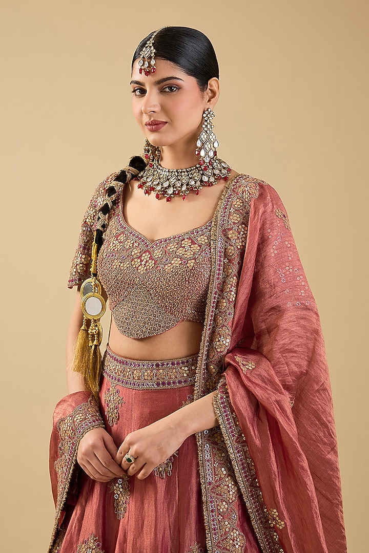 Rust Handloom Silk Mirror Embroidered Bridal Lehenga Set by Jaya Rathore at Pernia's Pop Up Shop