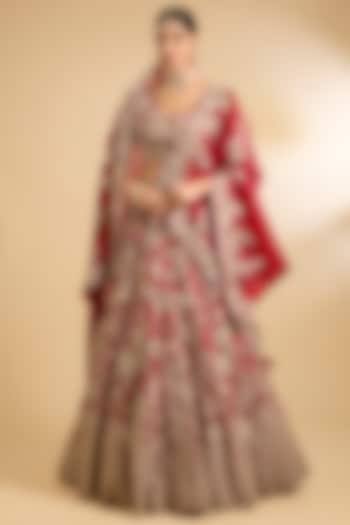 Red Silk & Organza Moti Embroidered Bridal Lehenga Set by Jaya Rathore at Pernia's Pop Up Shop