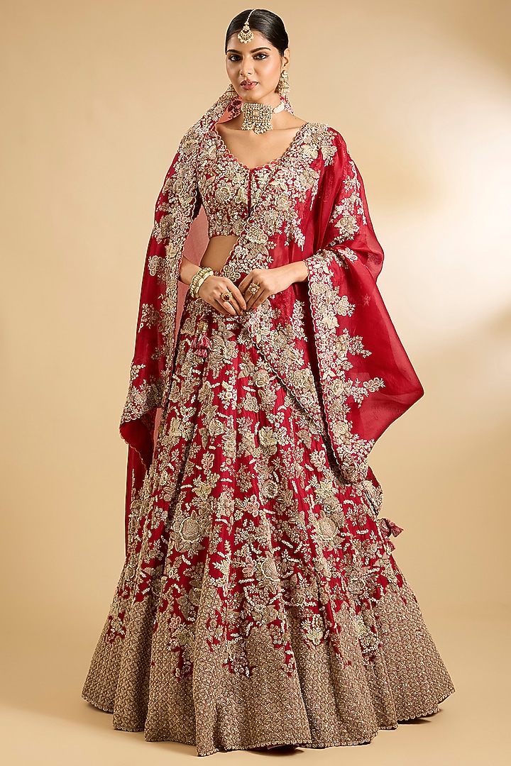 Red Silk & Organza Moti Embroidered Bridal Lehenga Set by Jaya Rathore at Pernia's Pop Up Shop
