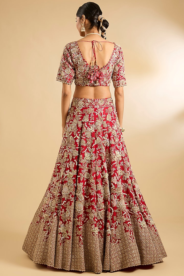 Red Silk & Organza Moti Embroidered Bridal Lehenga Set by Jaya Rathore at Pernia's Pop Up Shop