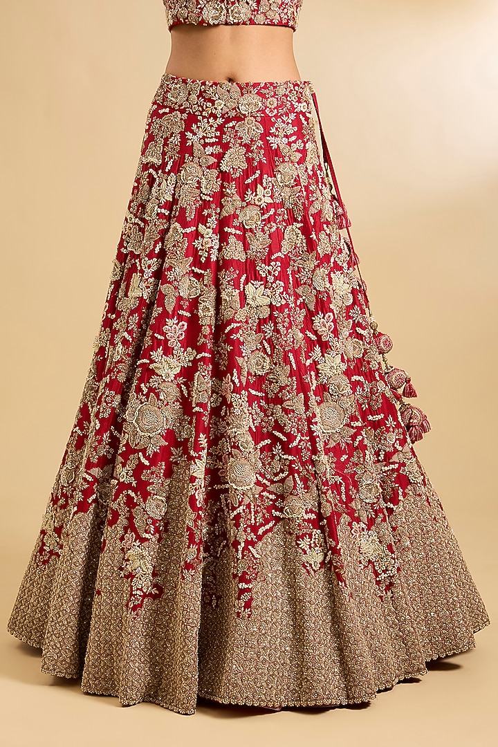 Red Silk & Organza Moti Embroidered Bridal Lehenga Set by Jaya Rathore at Pernia's Pop Up Shop