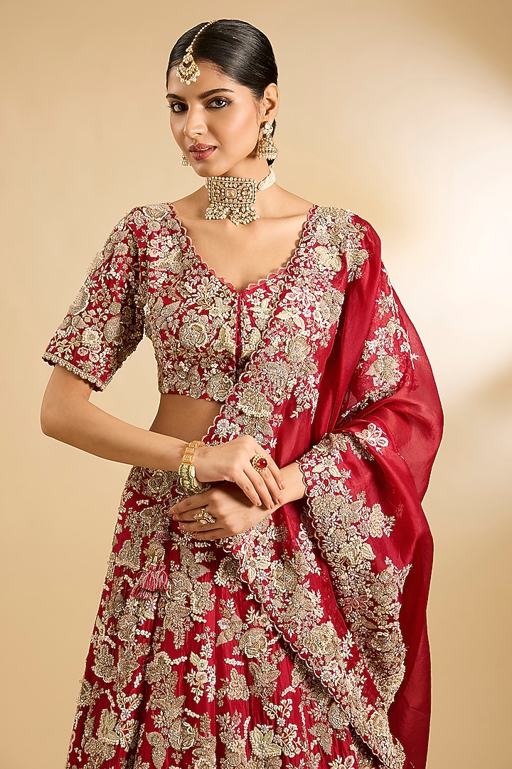 Red Silk & Organza Moti Embroidered Bridal Lehenga Set by Jaya Rathore at Pernia's Pop Up Shop