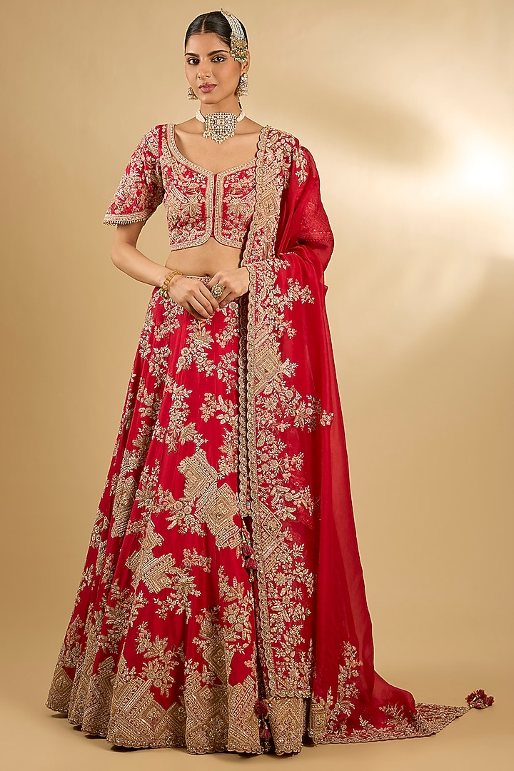 Red Silk & Organza Floral Embroidered Bridal Lehenga Set by Jaya Rathore at Pernia's Pop Up Shop