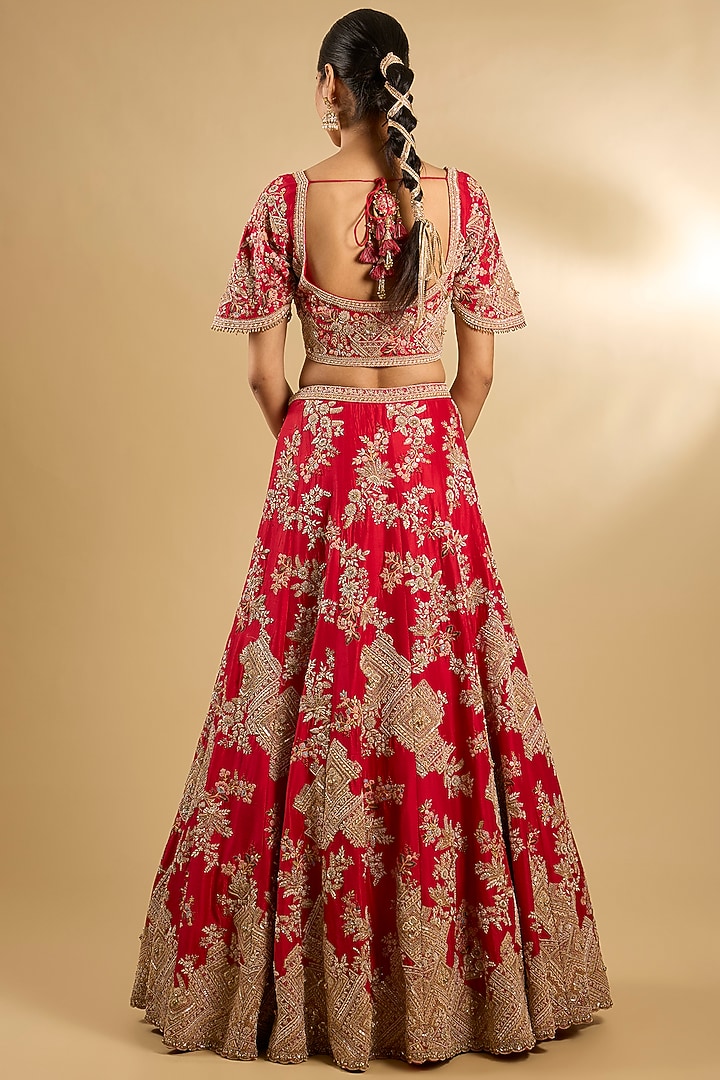 Red Silk & Organza Floral Embroidered Bridal Lehenga Set by Jaya Rathore at Pernia's Pop Up Shop