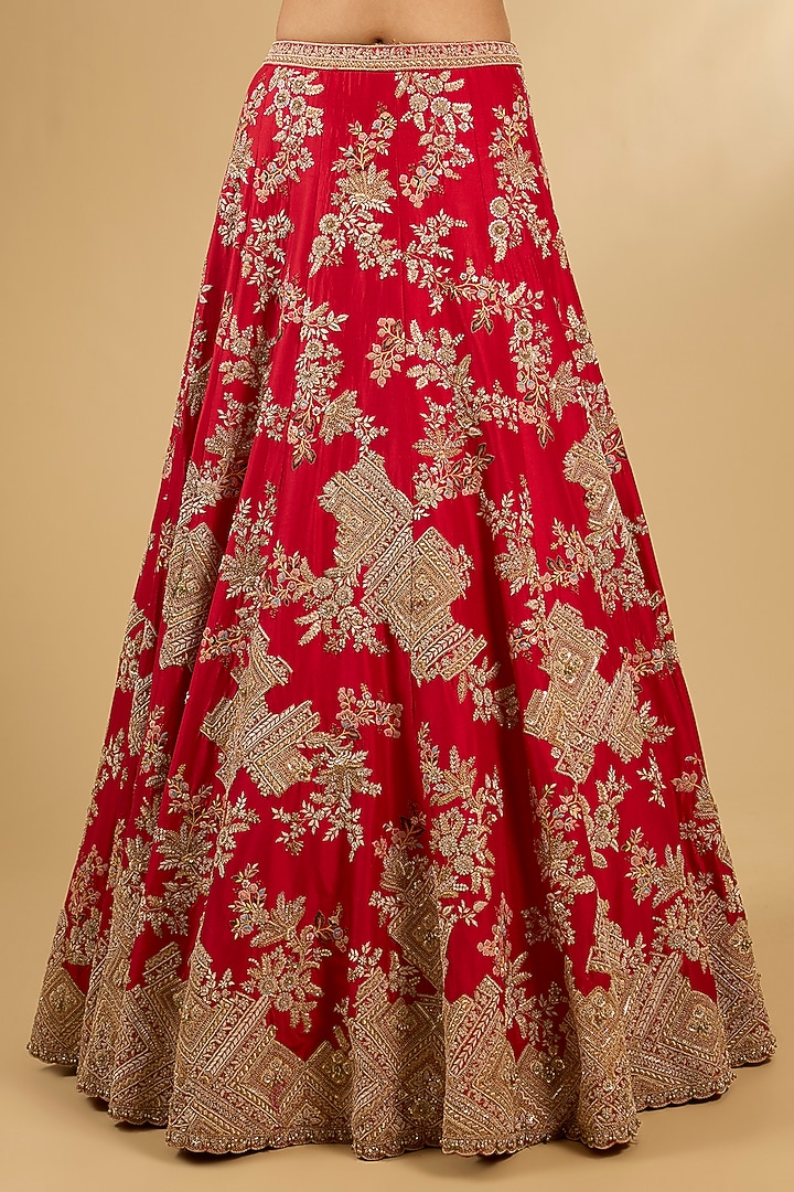 Red Silk & Organza Floral Embroidered Bridal Lehenga Set by Jaya Rathore at Pernia's Pop Up Shop