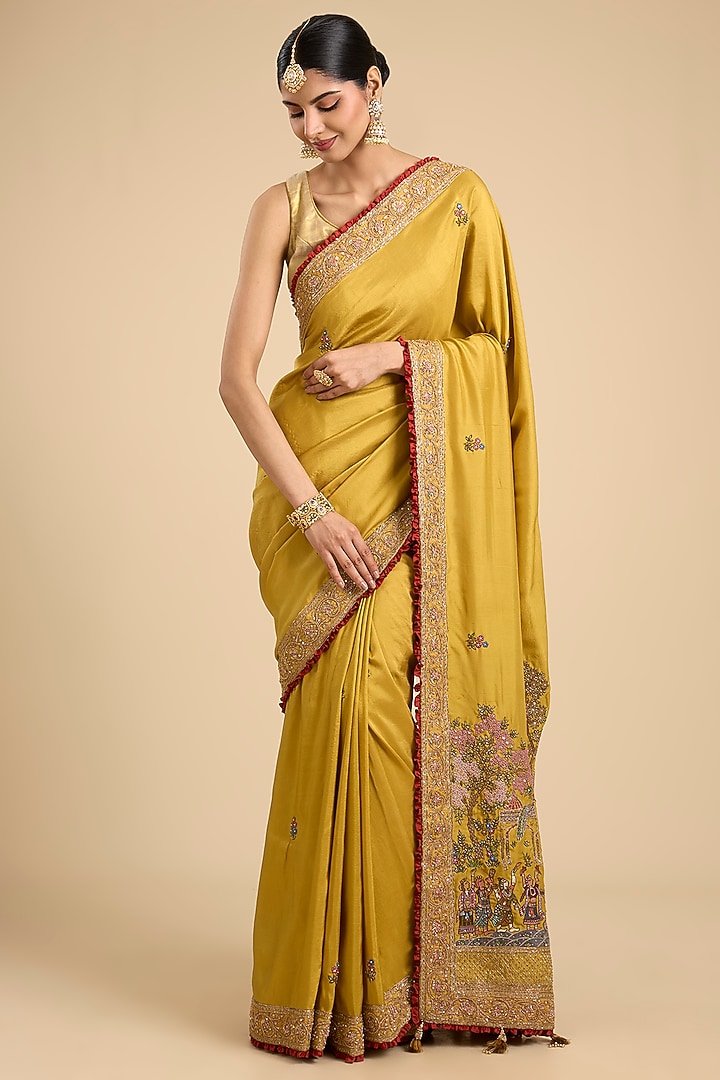 Mustard Yellow Silk Embroidered Reception Saree Set by Jaya Rathore at Pernia's Pop Up Shop