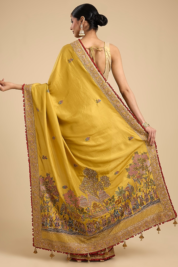 Mustard Yellow Silk Embroidered Reception Saree Set by Jaya Rathore at Pernia's Pop Up Shop