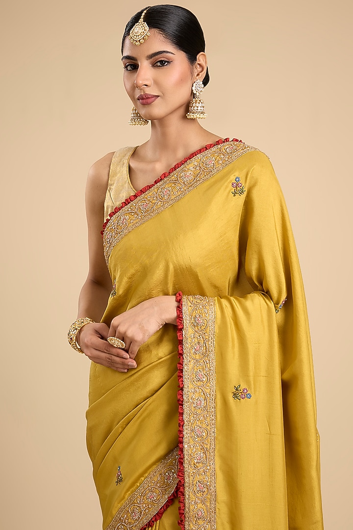 Mustard Yellow Silk Embroidered Reception Saree Set by Jaya Rathore at Pernia's Pop Up Shop