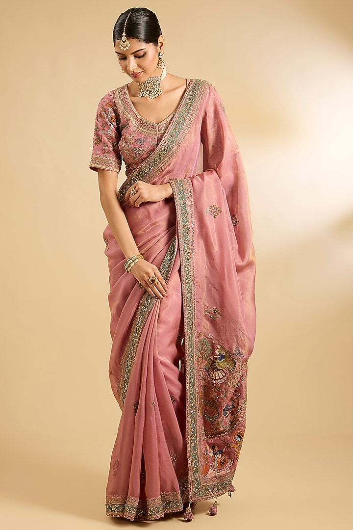 Onion Pink Shimmer Tissue Reception Saree Set by Jaya Rathore at Pernia's Pop Up Shop