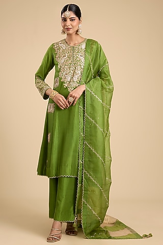 Green Gold Silk Dori Work Paneled Kurta Set by Jaya Rathore