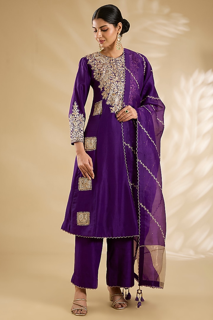 Purple Silk & Organza Dori Work Tunic Set by Jaya Rathore at Pernia's Pop Up Shop