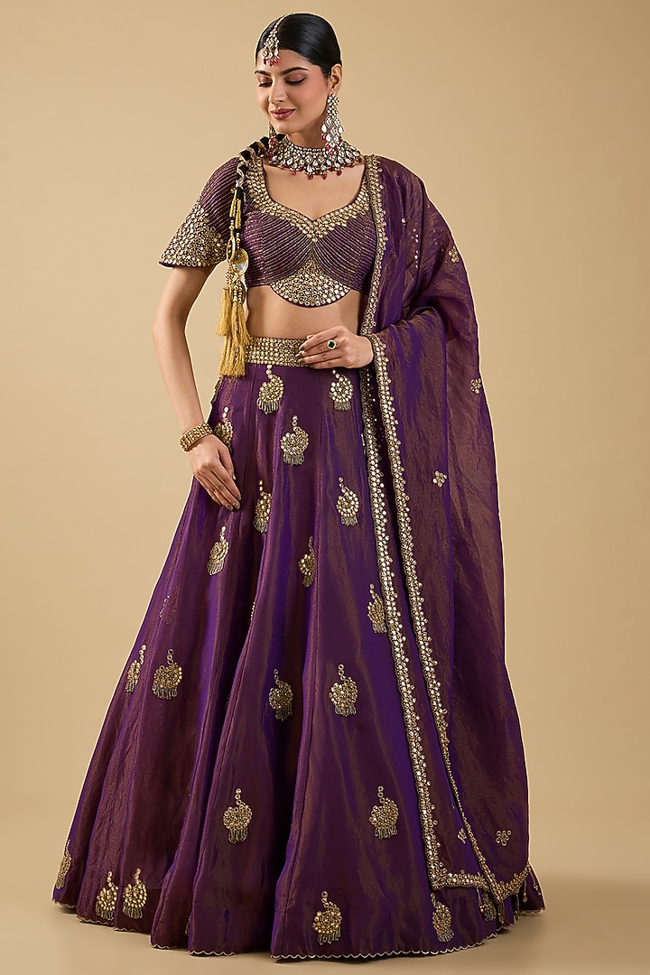 Purple Shimmer Tissue Mirror Embroidered Bridal Lehenga Set by Jaya Rathore at Pernia's Pop Up Shop
