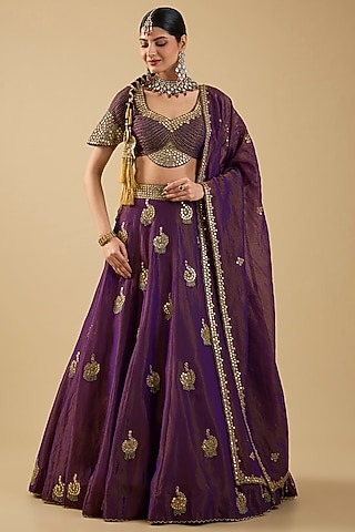 Purple Shimmer Tissue Mirror Embroidered Lehenga Set by Jaya Rathore