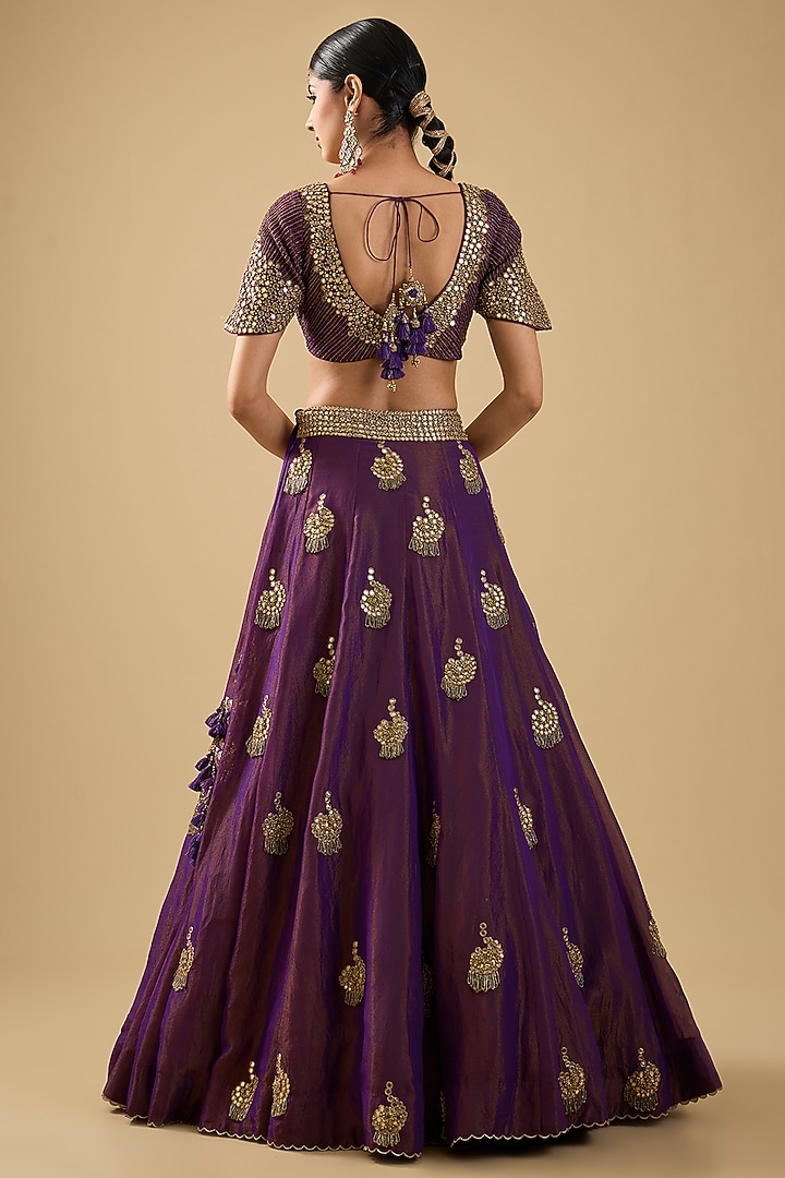 Purple Shimmer Tissue Mirror Embroidered Bridal Lehenga Set by Jaya Rathore at Pernia's Pop Up Shop