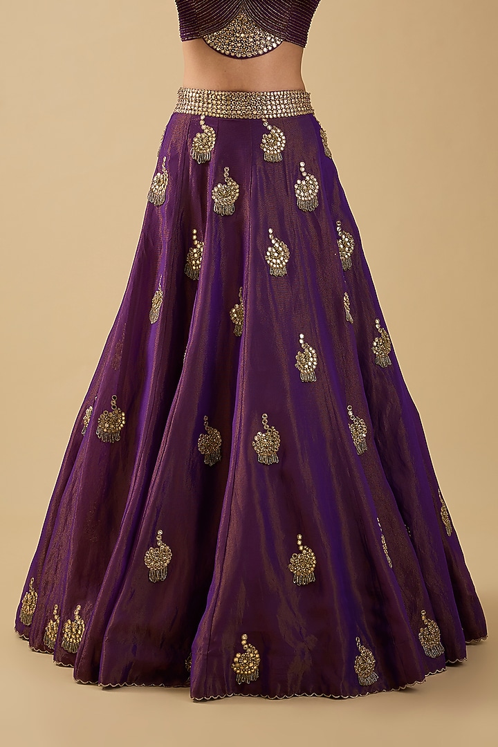 Purple Shimmer Tissue Mirror Embroidered Bridal Lehenga Set by Jaya Rathore at Pernia's Pop Up Shop