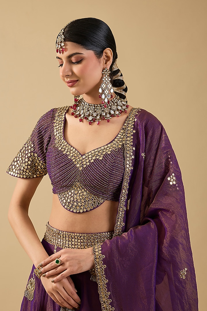 Purple Shimmer Tissue Mirror Embroidered Bridal Lehenga Set by Jaya Rathore at Pernia's Pop Up Shop