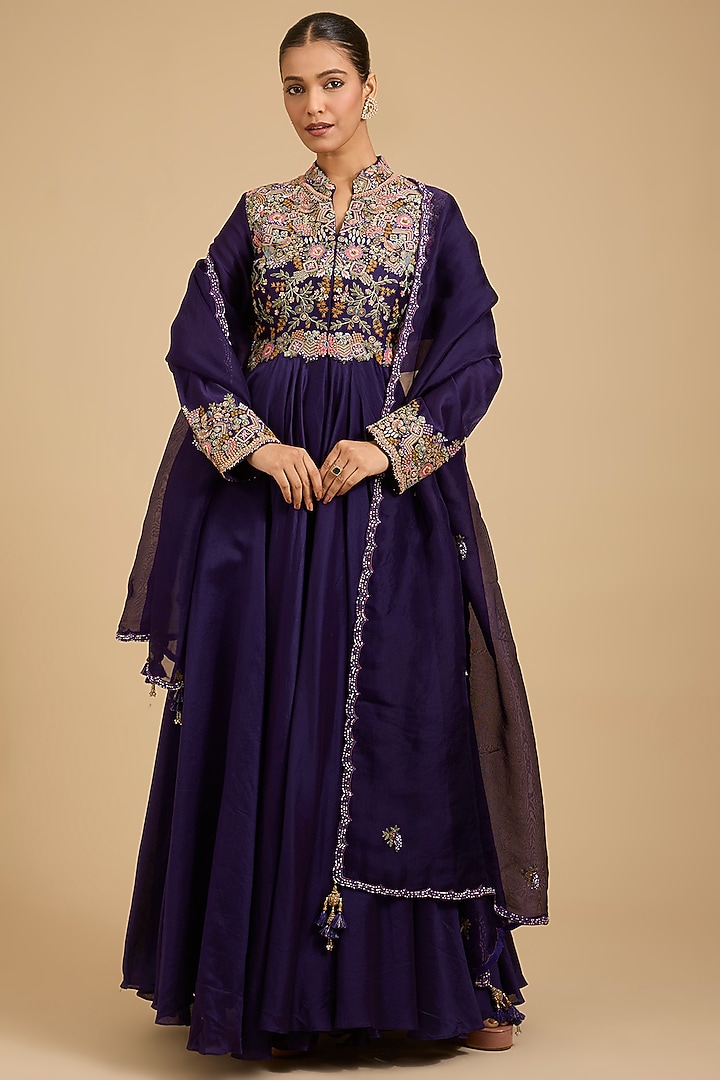Purple Silk Chanderi Thread Work Kalidar Bridal Anarkali Set by Jaya Rathore at Pernia's Pop Up Shop