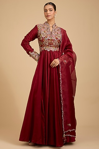 Red Silk Chanderi Thread Work Kalidar Anarkali Set by jaya rathore