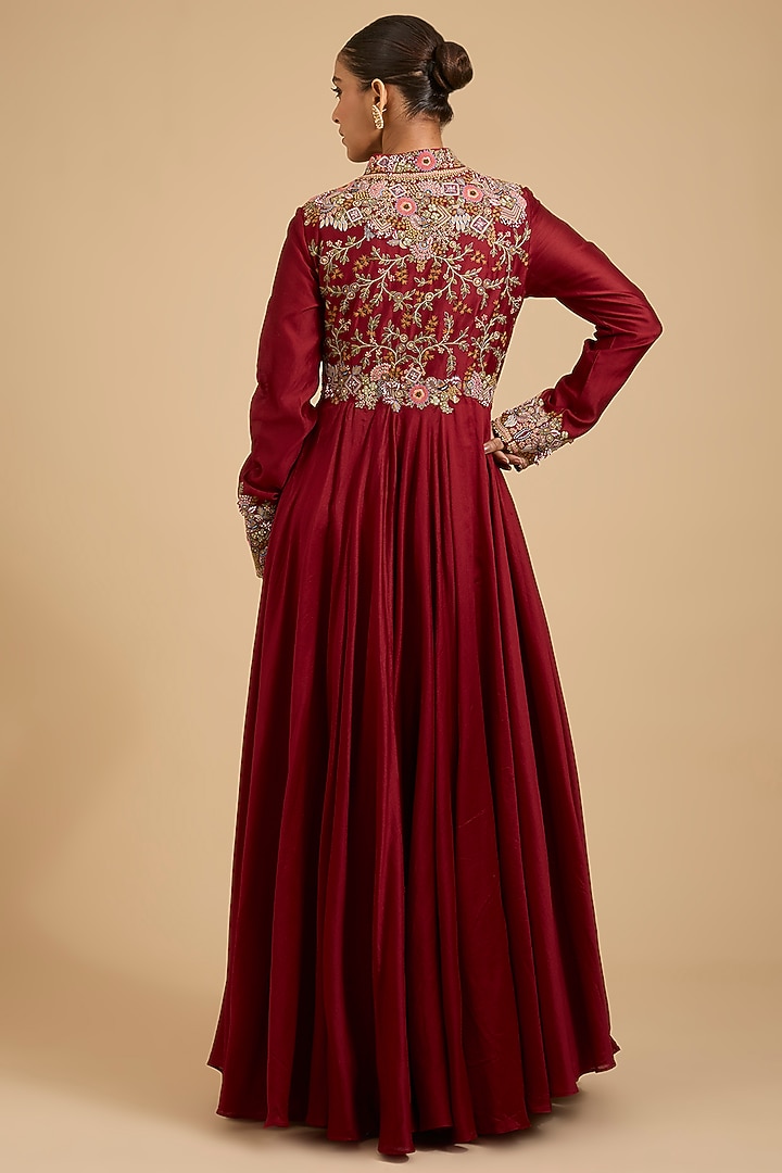 Red Silk Chanderi Thread Work Kalidar Bridal Anarkali Set by Jaya Rathore at Pernia's Pop Up Shop