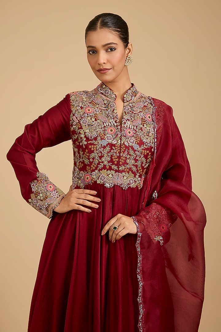 Red Silk Chanderi Thread Work Kalidar Bridal Anarkali Set by Jaya Rathore at Pernia's Pop Up Shop