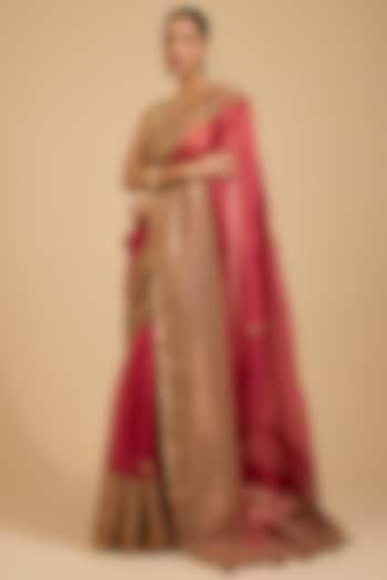 Dark Coral Organza Dori Work Reception Saree Set by Jaya Rathore at Pernia's Pop Up Shop