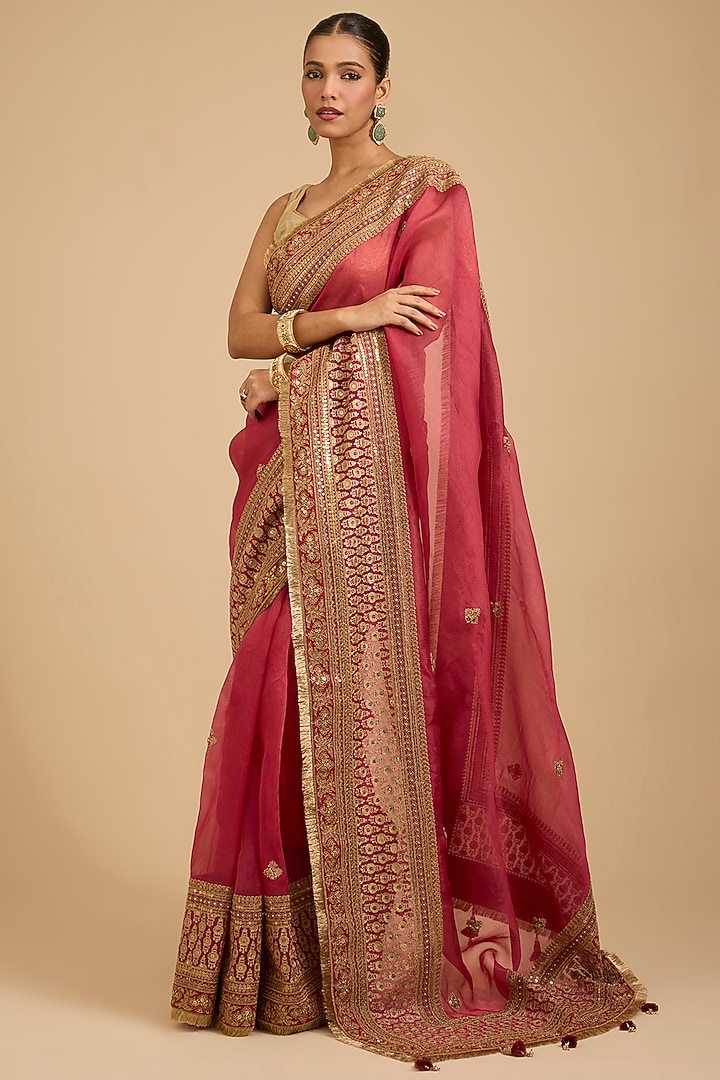 Dark Coral Organza Dori Work Reception Saree Set by Jaya Rathore at Pernia's Pop Up Shop