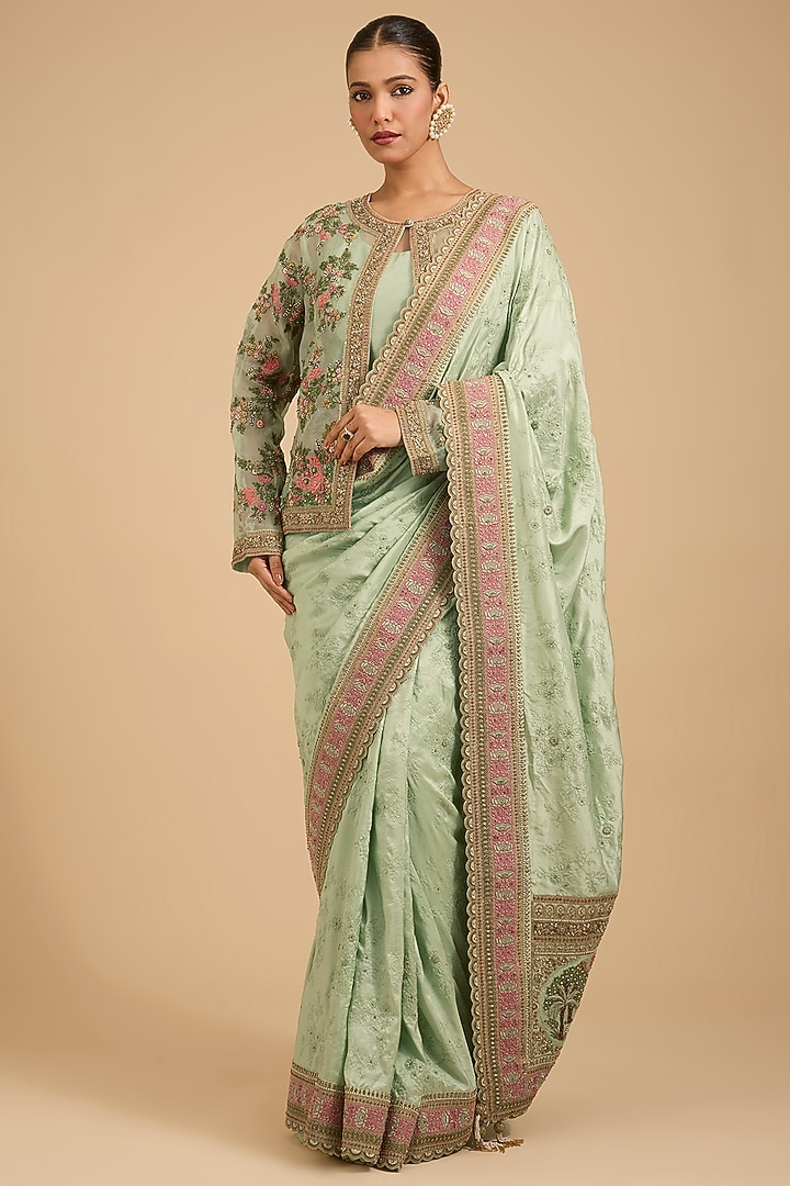 Jade Green Silk & Organza Pichwai Embroidered Reception Saree Set by Jaya Rathore at Pernia's Pop Up Shop
