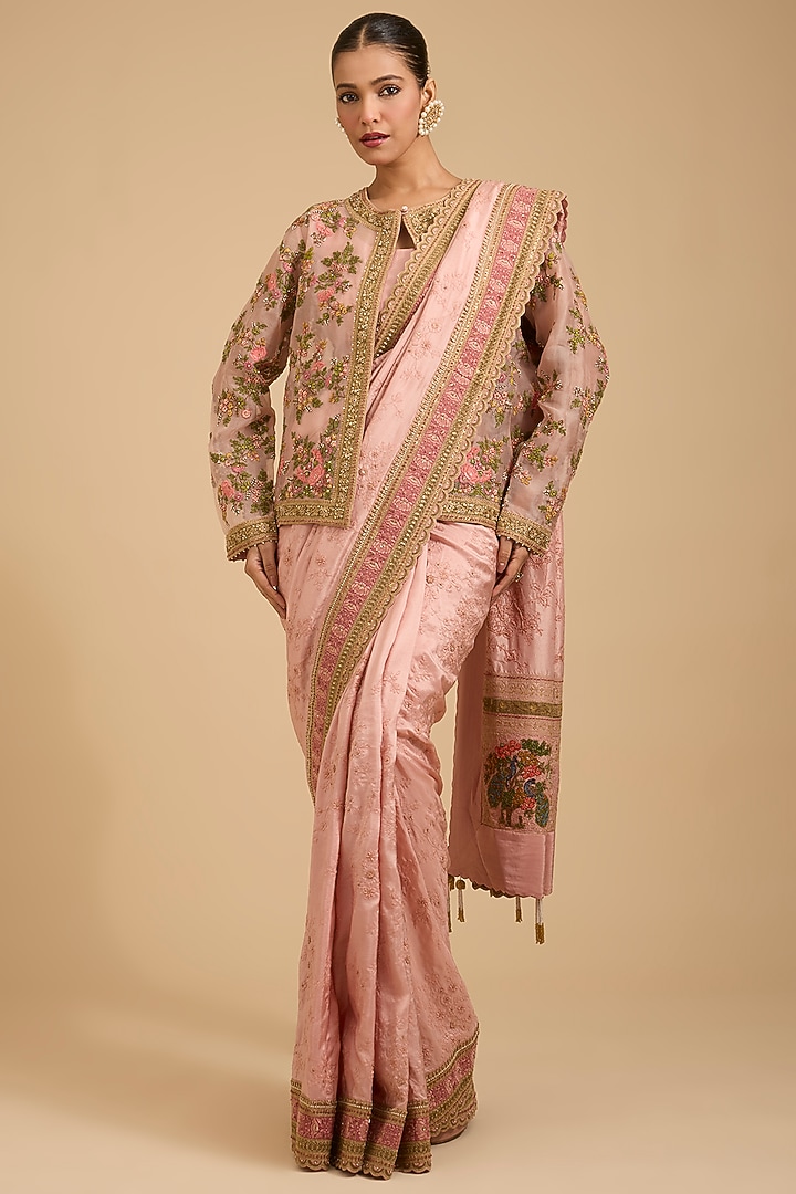 Pink Silk & Organza Pichwai Embroidered Reception Saree Set by Jaya Rathore at Pernia's Pop Up Shop