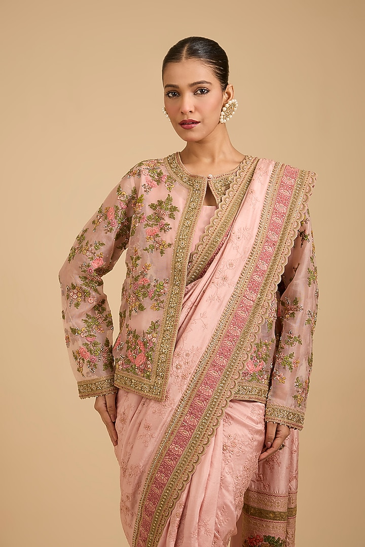 Pink Silk & Organza Pichwai Embroidered Reception Saree Set by Jaya Rathore at Pernia's Pop Up Shop