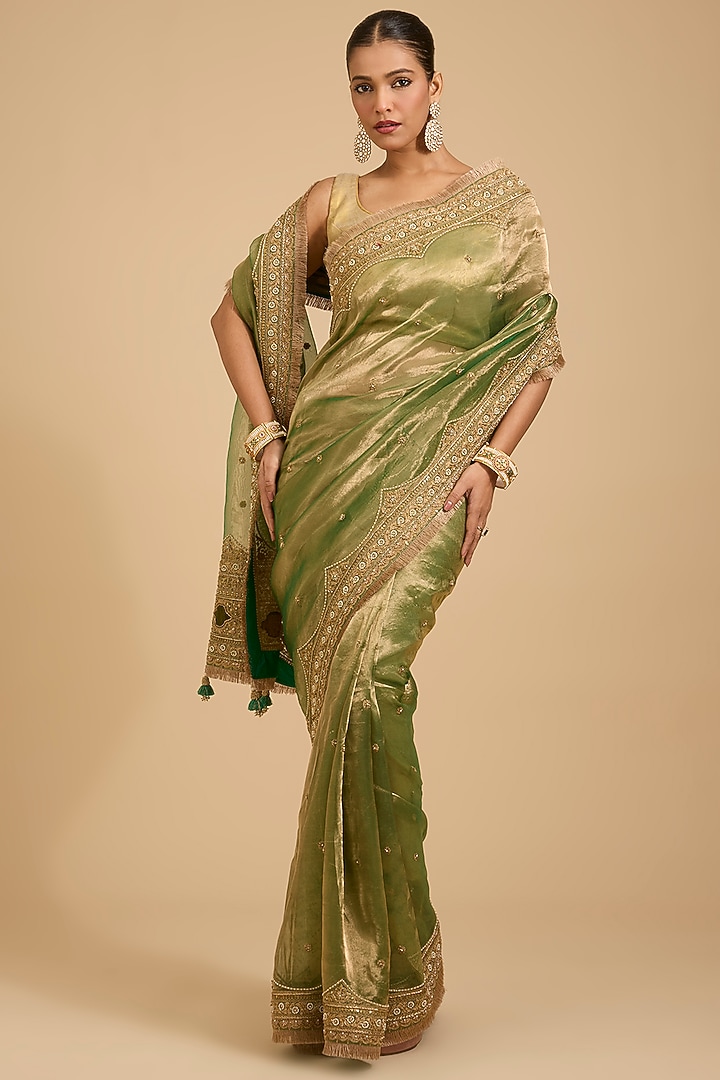 Green Tissue Dori Work Reception Saree Set by Jaya Rathore at Pernia's Pop Up Shop
