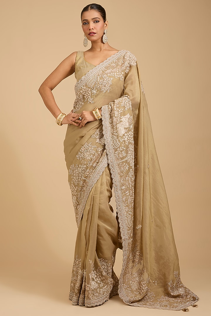Mocha Shimmer Tissue Thread Work Reception Saree Set by Jaya Rathore at Pernia's Pop Up Shop