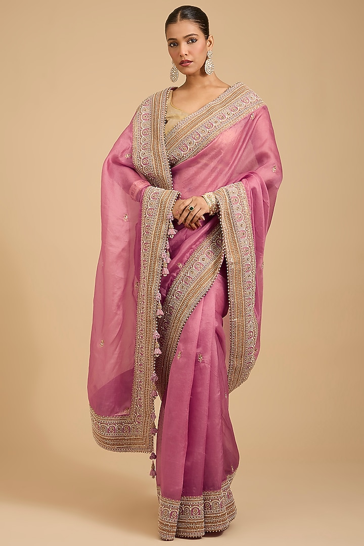 Onion Pink Organza Silk Thread Work Reception Saree Set by Jaya Rathore at Pernia's Pop Up Shop