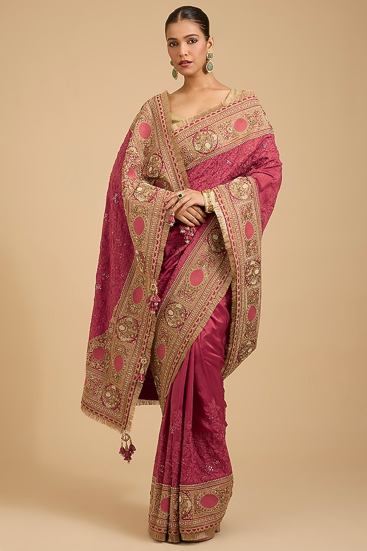 Coral Silk Jaal & Thread Work Bridal Saree Set by Jaya Rathore at Pernia's Pop Up Shop