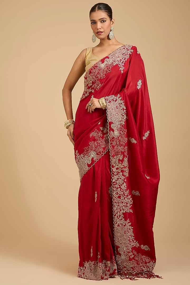 Red Silk Sequins Work Reception Saree Set by Jaya Rathore at Pernia's Pop Up Shop