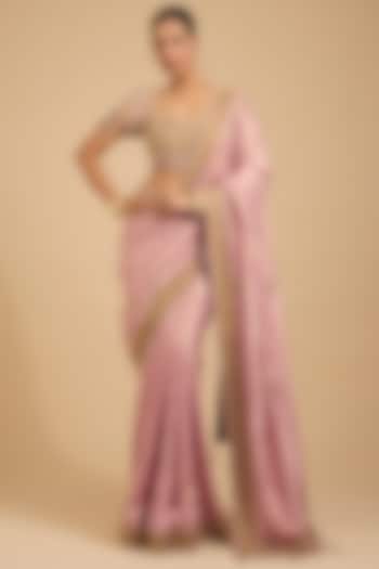 Pink Satin Textured Dori Work Reception Saree Set by Jaya Rathore at Pernia's Pop Up Shop