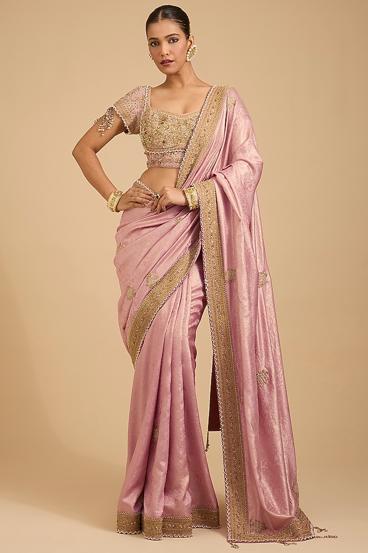 Pink Satin Textured Dori Work Reception Saree Set by Jaya Rathore at Pernia's Pop Up Shop