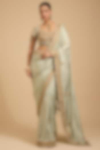 Jade Green Satin Textured Dori Work Reception Saree Set by Jaya Rathore at Pernia's Pop Up Shop