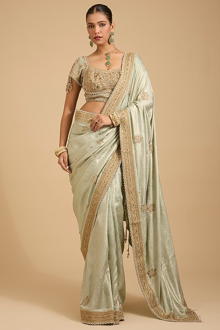 Jade Green Satin Textured Dori Work Reception Saree Set by Jaya Rathore at Pernia's Pop Up Shop