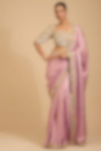 Pink Satin Sequins Embroidered Reception Saree Set by Jaya Rathore at Pernia's Pop Up Shop