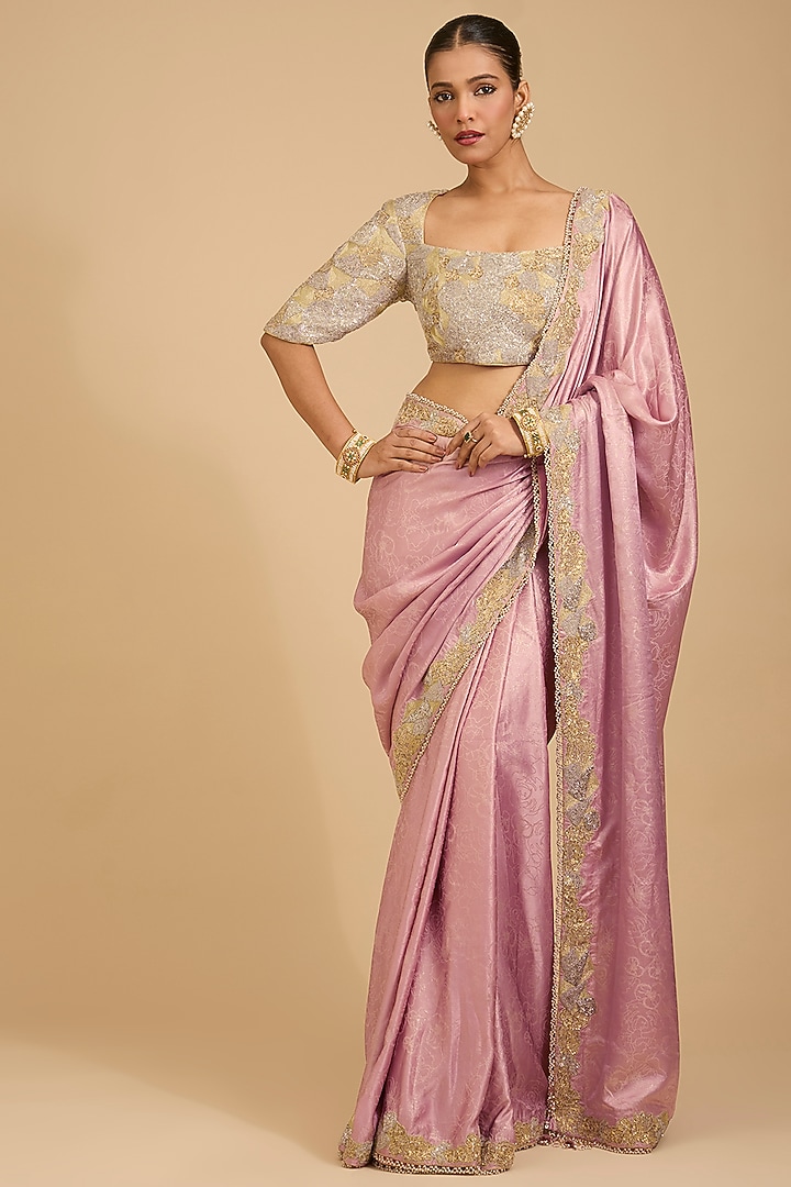 Pink Satin Sequins Embroidered Reception Saree Set by Jaya Rathore at Pernia's Pop Up Shop
