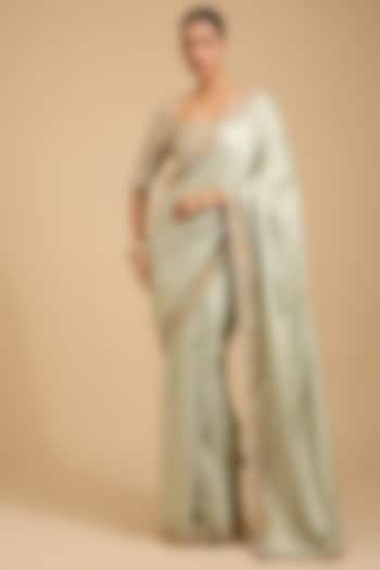 Jade Green Satin Sequins Embroidered Reception Saree Set by Jaya Rathore at Pernia's Pop Up Shop