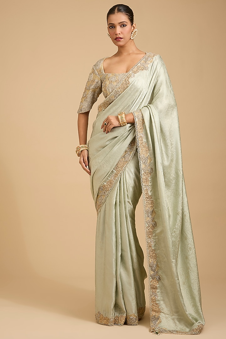 Jade Green Satin Sequins Embroidered Reception Saree Set by Jaya Rathore at Pernia's Pop Up Shop