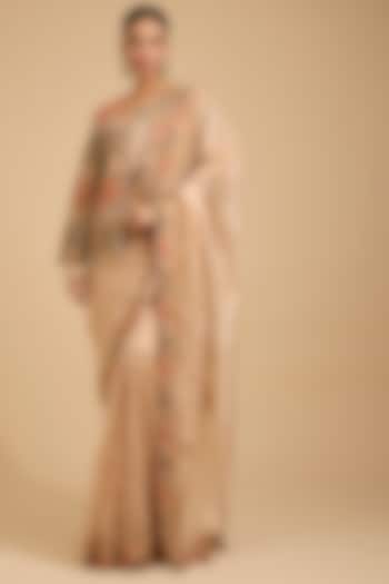 Peach Handloom Tissue Thread Embroidered Reception Saree Set by Jaya Rathore at Pernia's Pop Up Shop
