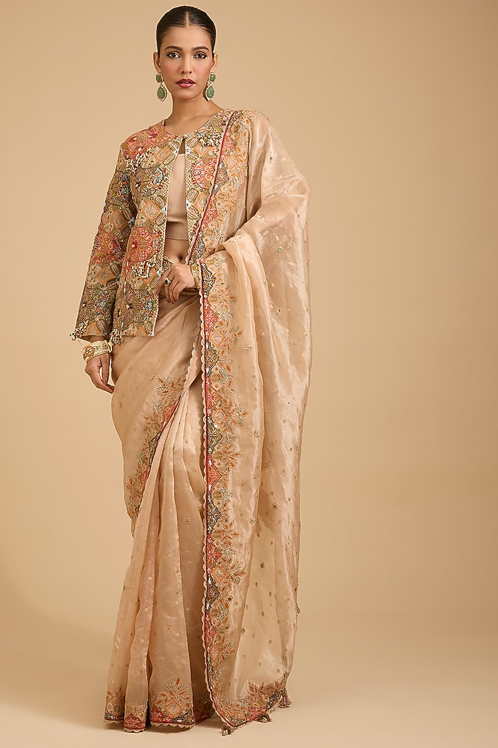 Peach Handloom Tissue Thread Embroidered Reception Saree Set by Jaya Rathore at Pernia's Pop Up Shop