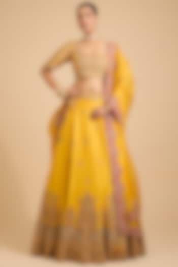 Mustard Silk & Organza Dori Embroidered Bridal Lehenga Set by Jaya Rathore at Pernia's Pop Up Shop