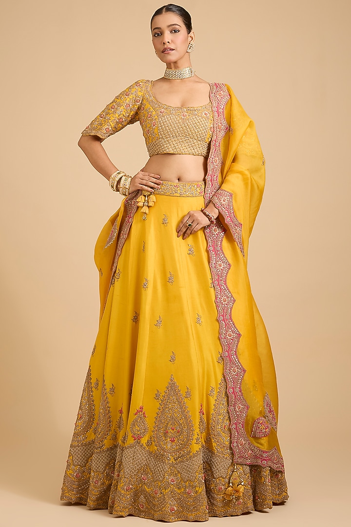 Mustard Silk & Organza Dori Embroidered Bridal Lehenga Set by Jaya Rathore at Pernia's Pop Up Shop