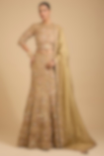 Golden Shimmer Tissue 3D Floral Embroidered Bridal Lehenga Set by Jaya Rathore at Pernia's Pop Up Shop