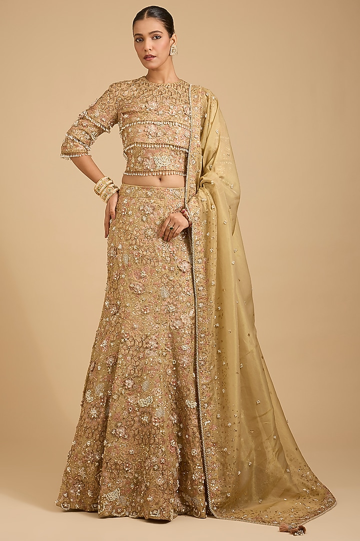 Golden Shimmer Tissue 3D Floral Embroidered Bridal Lehenga Set by Jaya Rathore at Pernia's Pop Up Shop